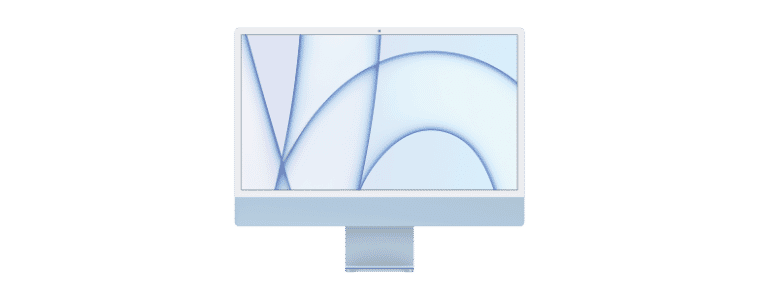 Front on image of an Apple iMac 24" Retina 4.5K Display M1 8 CPU 7 GPU 256GB Blue