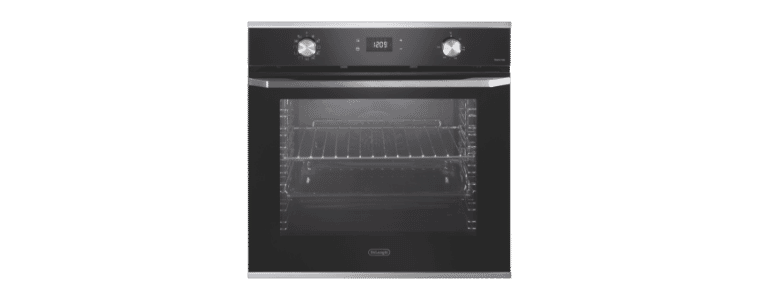 Front on image of a DeLonghi 60cm Built In Life Oven Black Glass