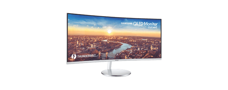 A front on image of a Samsung 34" QLED Curved Monitor