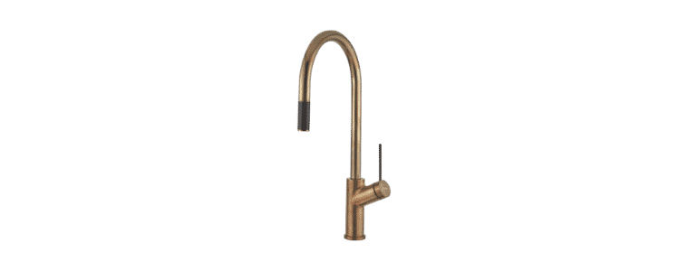 Side on angle image of an Oliveri Vilo Natural Brass Pull Out Mixer Tap