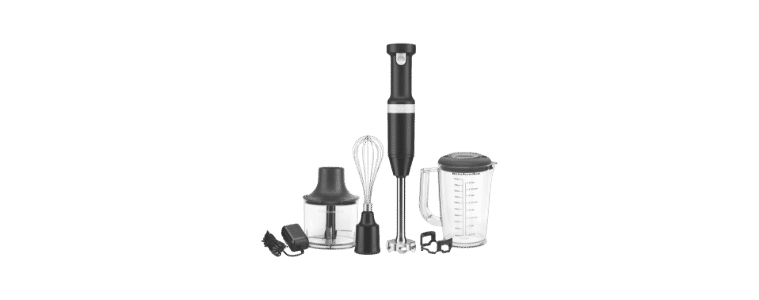 Front on image of a KitchenAid Cordless Hand Blender Black Matte with attachments