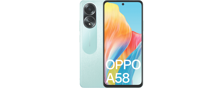 Front on image of an OPPO A58 in Dazzling Green
