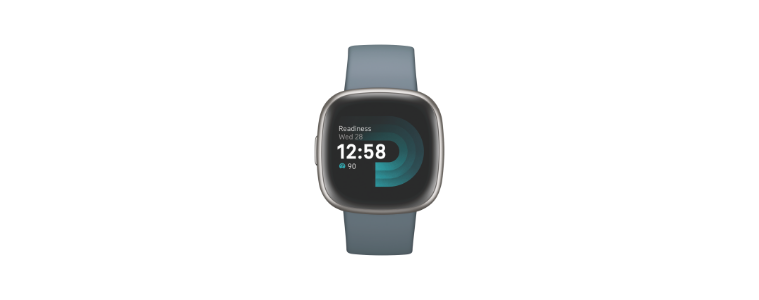 Front on image of a Fitbit Versa 4 Waterfall Blue/Platinum Aluminium