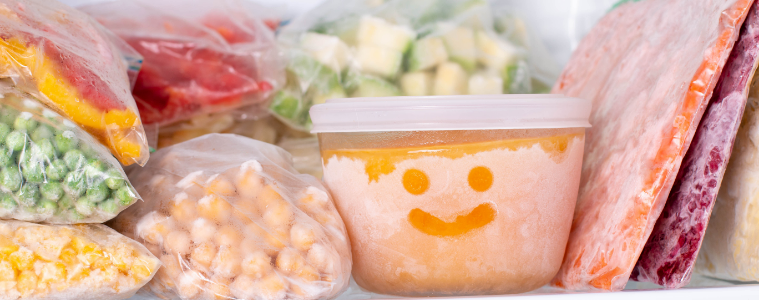 A freezer full of containers and zip seal bags. One clear plastic container has a smiley face drawn in the condensation.