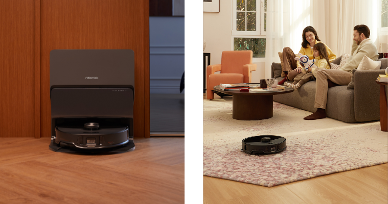 Lifestyle images of the Roborock S8 MaxV UItra Robotic Vacuum in a modern home.