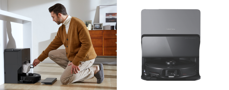 Image of a man emptying his Roborock S8 MaxV Ultra Robotic Vacuum dock, next to a product  image of the Roborock S8 MaxV Ultra Robotic Vacuum.