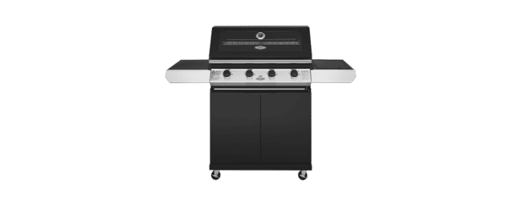 product image of the BeefEater 1200 Series Black Enamel 4 Burner BBQ & Trolley w/ Side Burner, Cast Iron Burners & Grills
