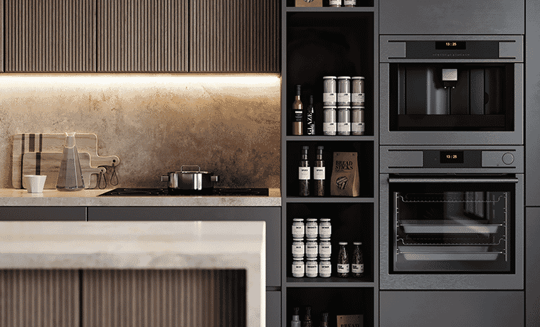 Modern kitchen detail with dark timber cabinetry, natural stone island bench and splashback, and built-in coffee machine and wall oven in a black finish. 
