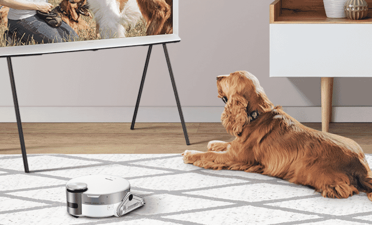 a dog watching TV on the Samsung TV next to the Samsung BESPOKE Jet Bot AI+ Robot Vacuum