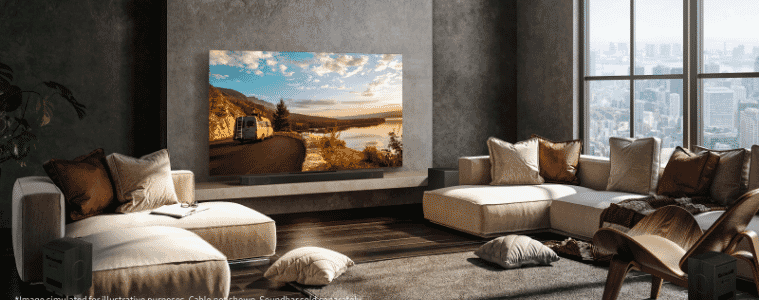 Big Screen TV mounted on a wall in a modern living room 