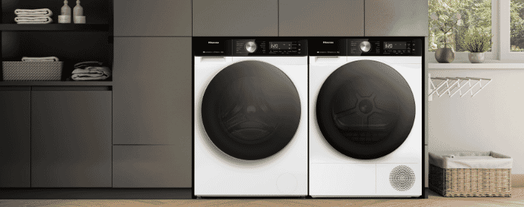 hisense washer and dryer duo in white sitting side by side in a modern laundry 