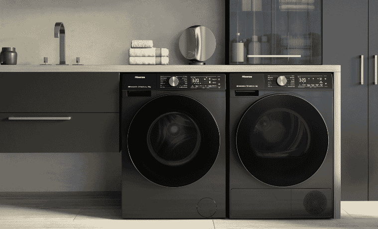 Hisense new series 7 washer and dryer in black next to each other in modern Landry 