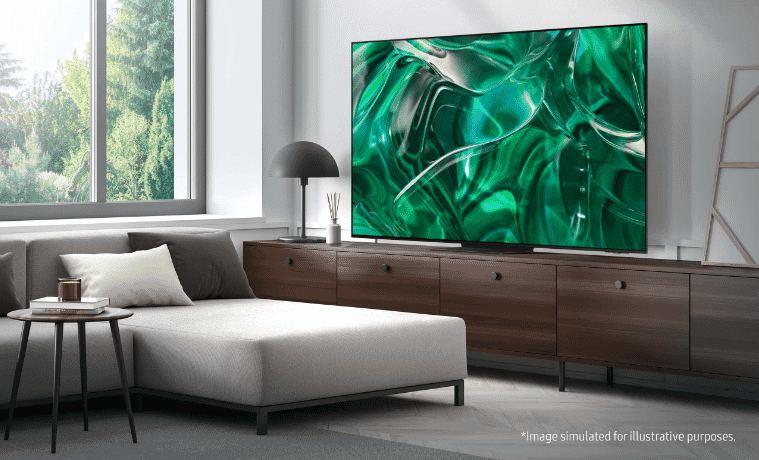 The Samsung 77" S95C 4K OLED Smart TV 2023 mounted on a loungeroom wall 