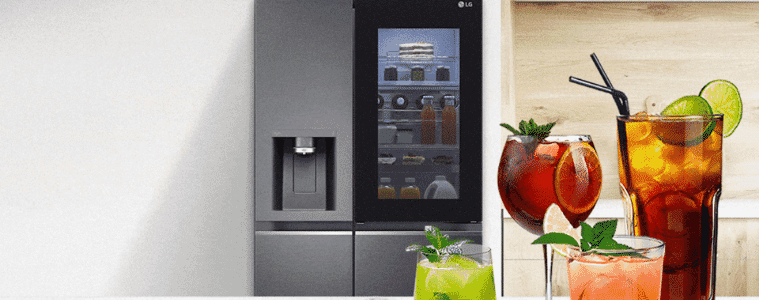 LG Instaview fridge with mocktails sitting in front 