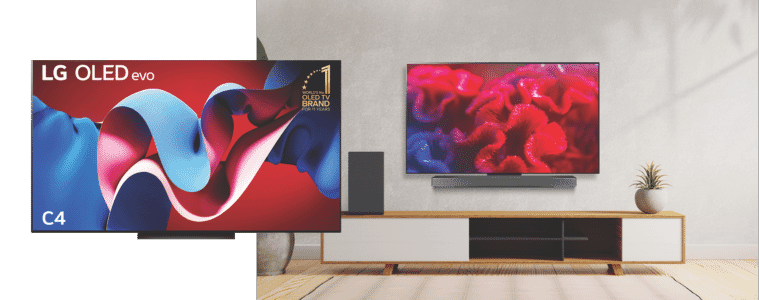 Product Image of LG 65" OLED TV next to image of LG 65" OLED TV in living room.