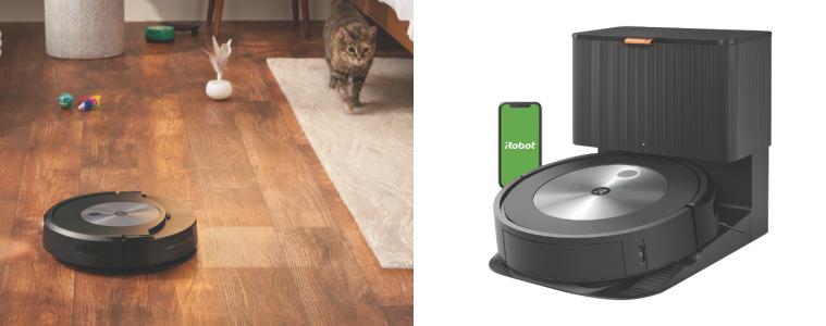 Lifestyle image of the iRobot Roomba J7+ Robot Vacuum on wooden floorboards in a living room, next to a product image of the iRobot Roomba J7+ Robot Vacuum.