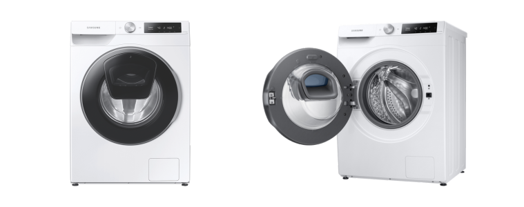 Front on product image of the Samsung 12kg Front Load Washer next to a side on product image of the Samsung 12kg Front Load Washer. 