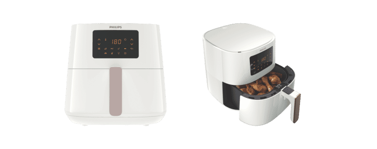 Front and side angle image of the Philips Essential Digital Airfryer XL White.
