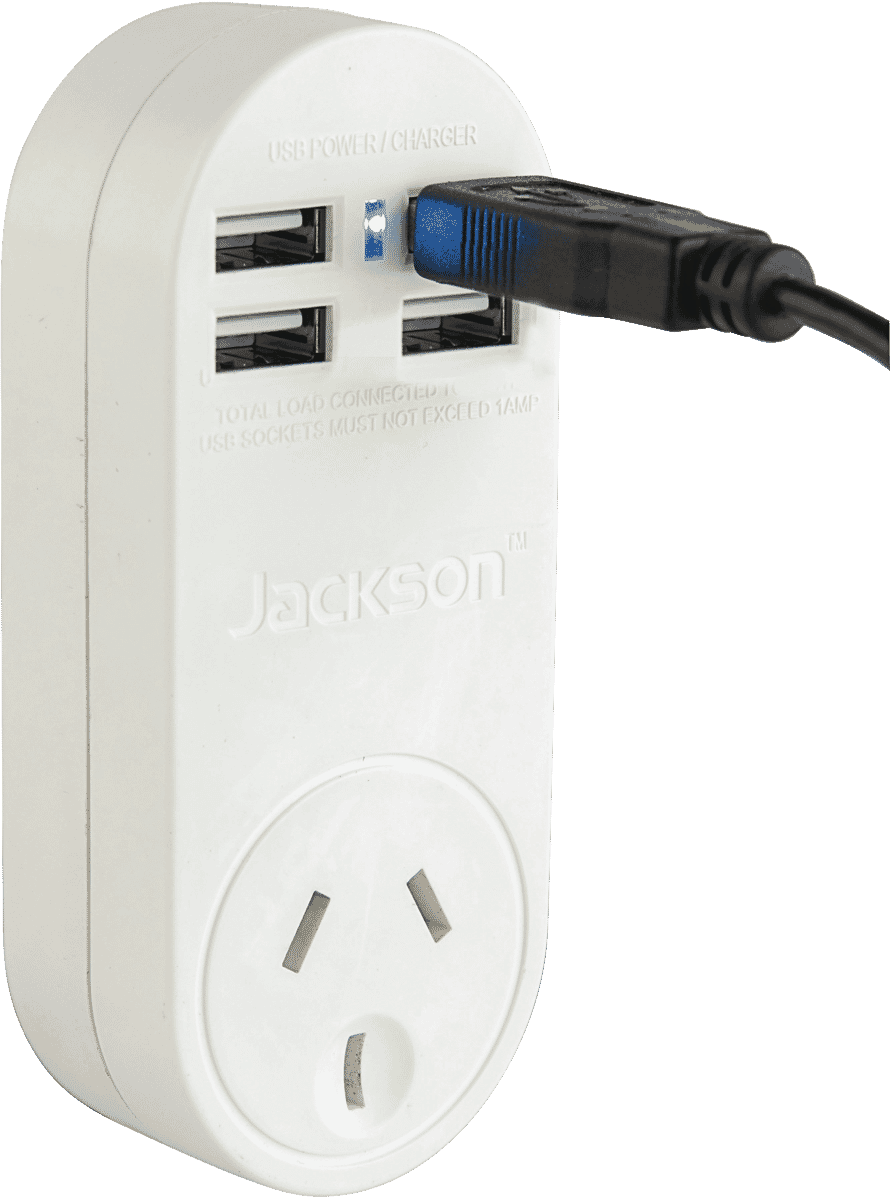 Jackson PT4USB 4 USB Charger With Mains Power Outlet 1 Amp At The Good Guys