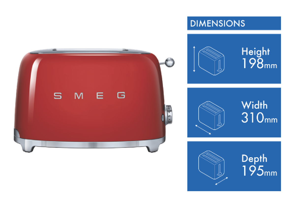 SMEG 1950s Retro Style Aesthetic 2 Slice Toaster - Red