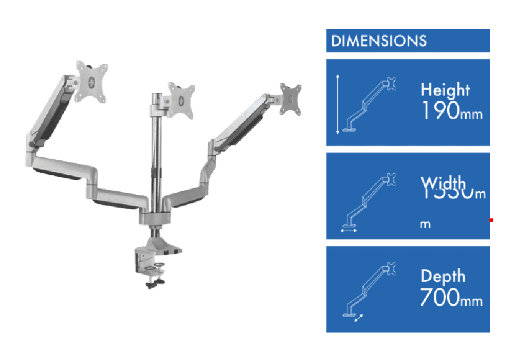 Ergovida Gas Spring Triple Monitor Arm with USB & Media Port EMA10C36U