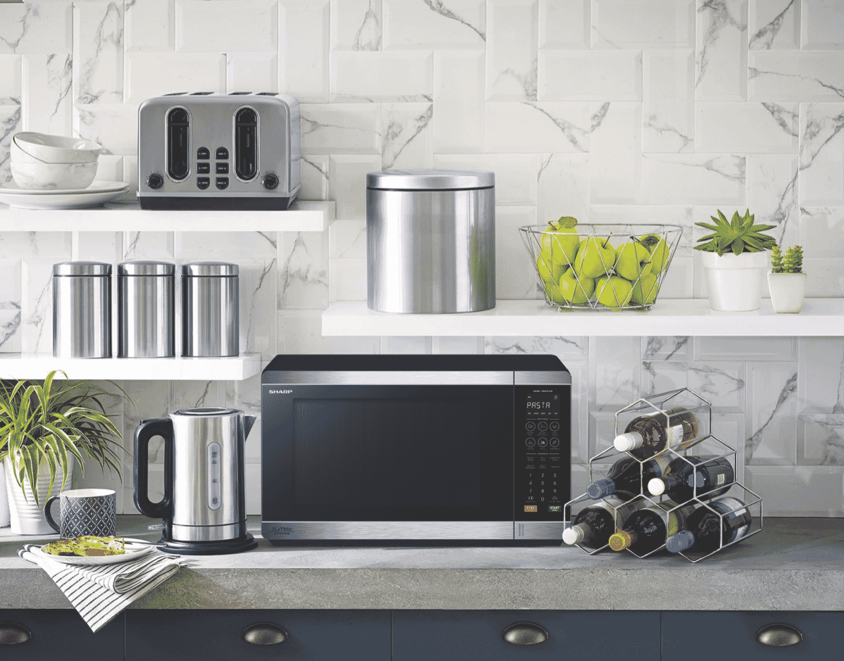 Sharp SM327FHS 32L 1200W Flatbed Microwave Black S/Steel at The Good Guys