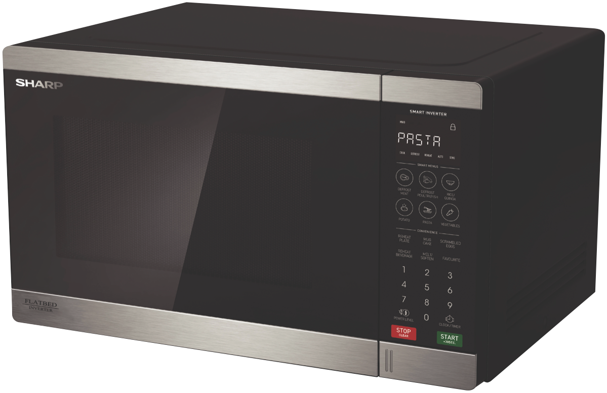 Sharp SM327FHS 32L 1200W Flatbed Microwave - Black S/Steel at The Good Guys
