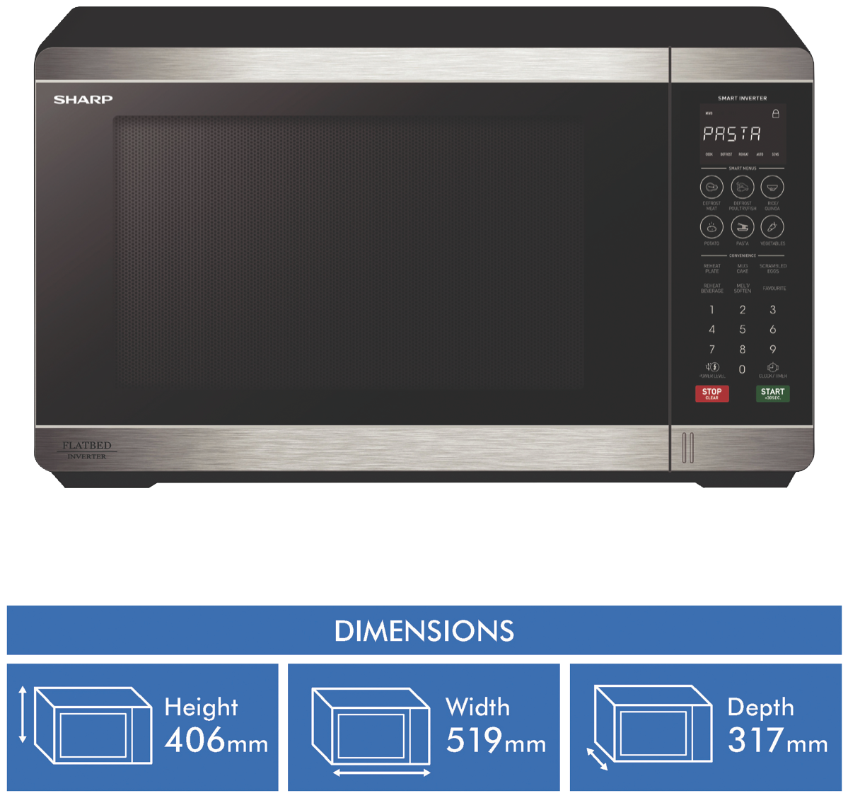 Sharp SM327FHS 32L 1200W Flatbed Microwave - Black S/Steel at The Good Guys