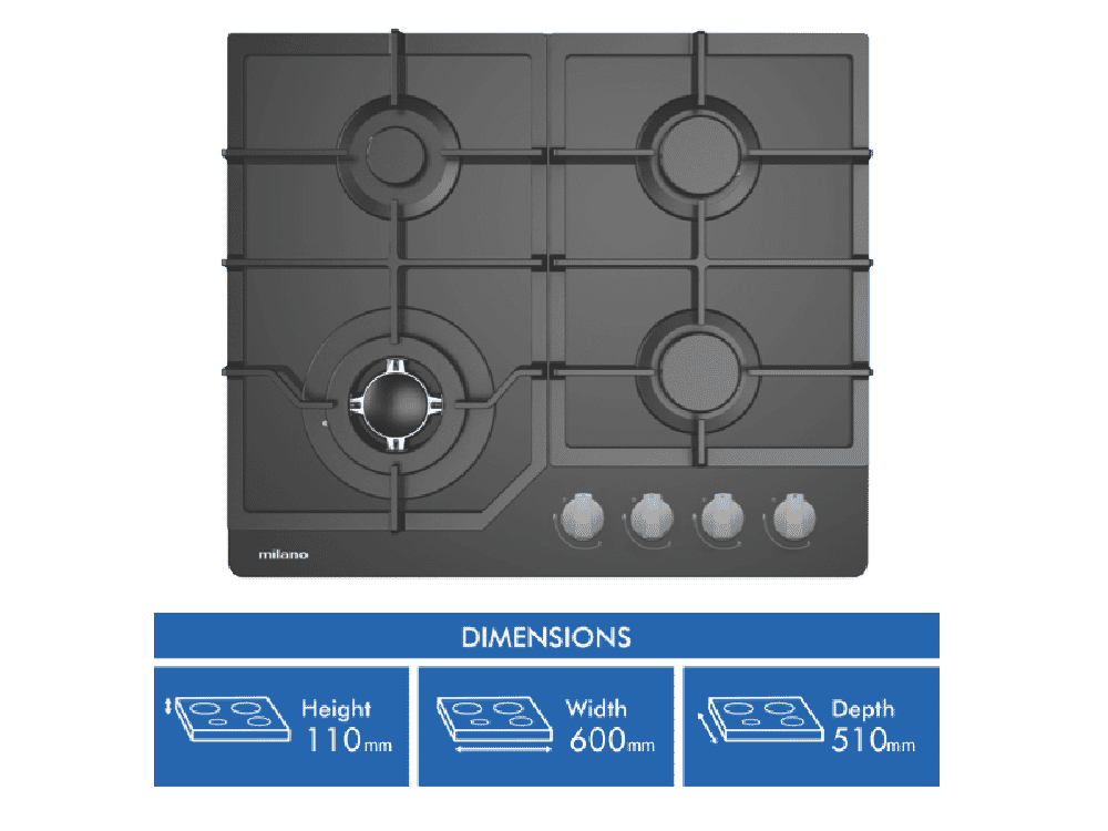 Milano 60cm Black Gas on Glass Cooktop