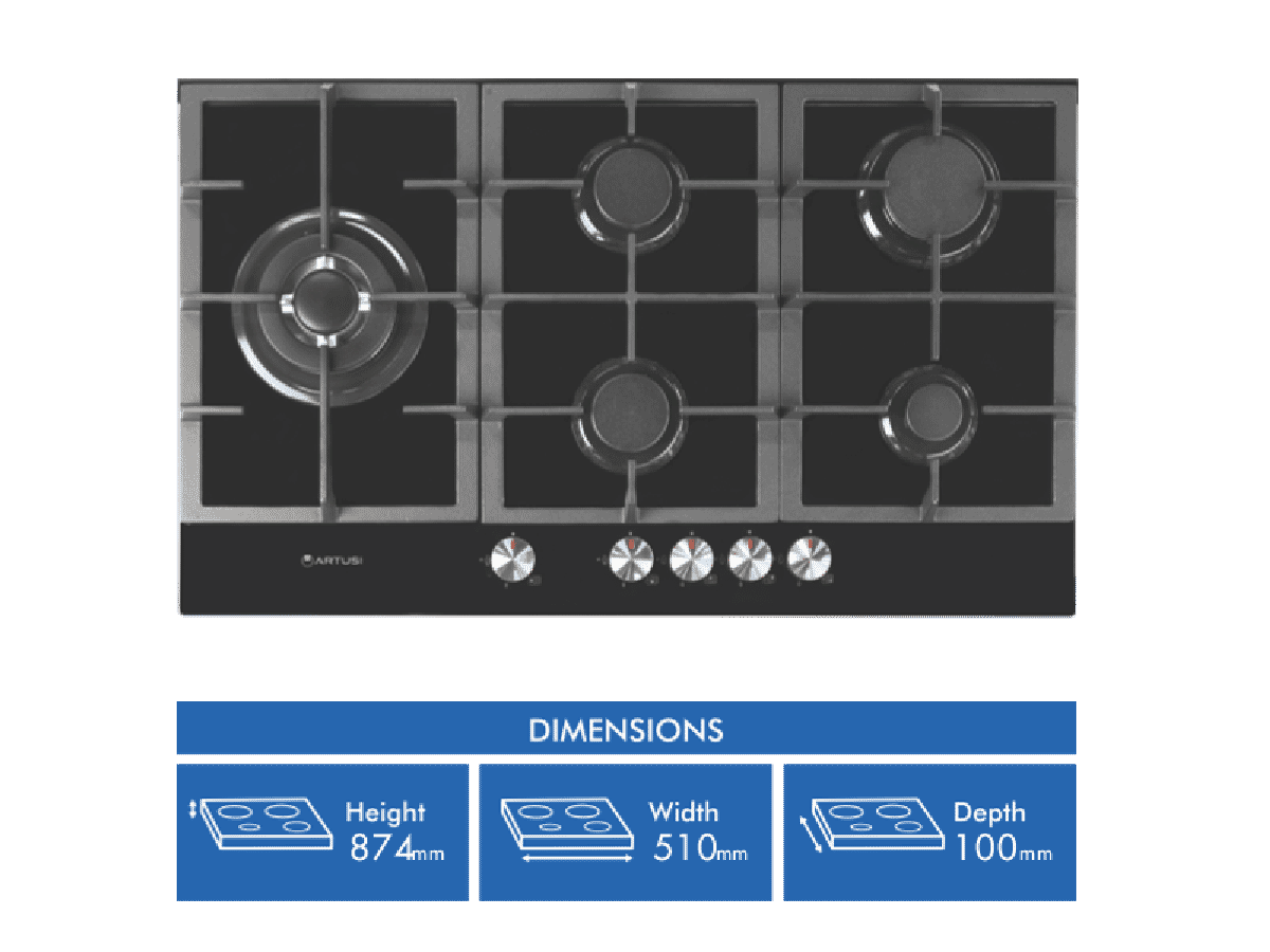 ARTUSI 90cm Gas Cooktop Black Glass