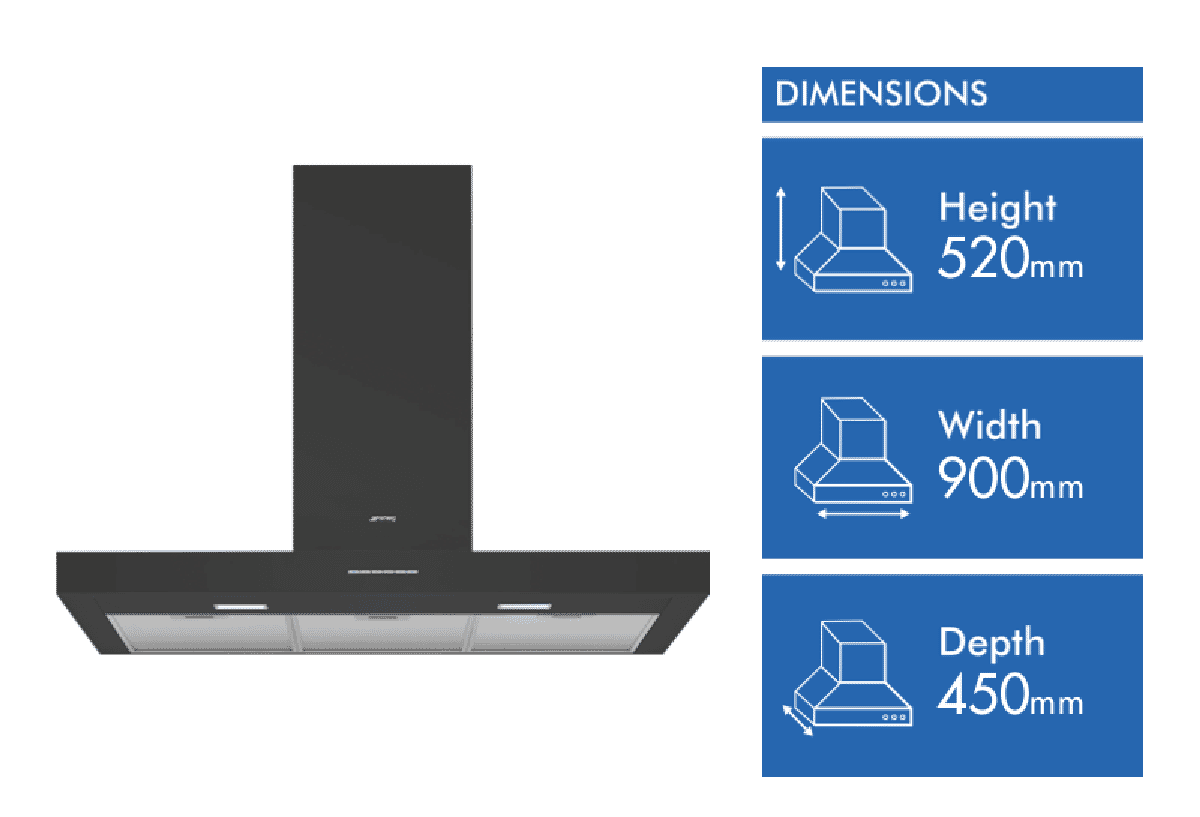 Smeg 90cm T Shaped Canopy Rangehood Black Gloss