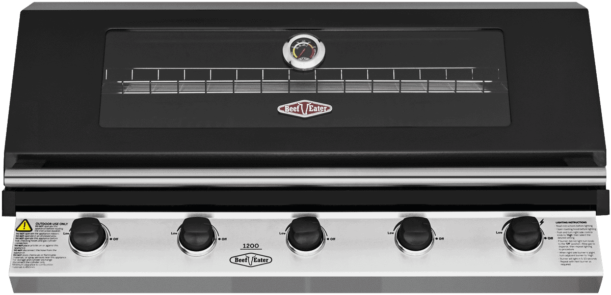 BeefEater 1200 Series Black Enamel 5 Burner Built In BBQ w/ Cast Iron Burners & Grills - Body Only