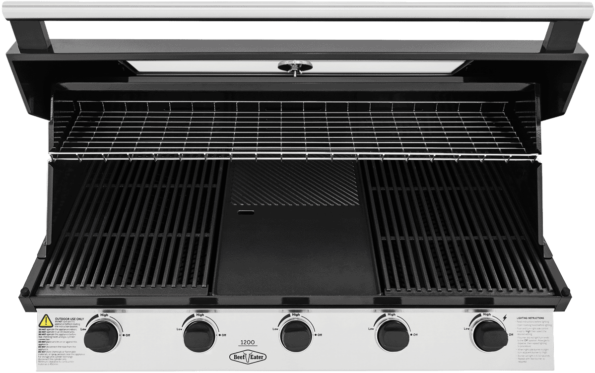 BeefEater 1200 Series Black Enamel 5 Burner Built In BBQ w/ Cast Iron Burners & Grills - Body Only