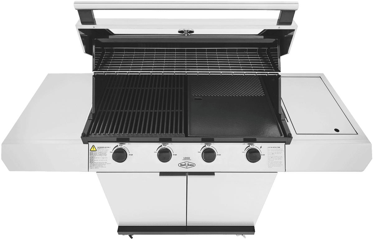 BeefEater BMG1241SB 1200 Stainless 4 Burner BBQ & Trolley Side Burner, Cast Iron Burners & Grills at Good Guys