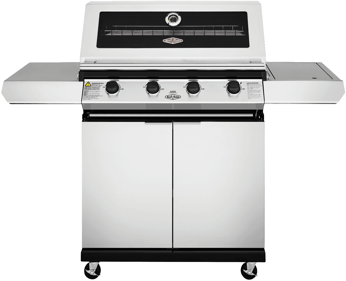 BeefEater 1200 Series Stainless Steel 4 Burner BBQ & Trolley w/ Side Burner, Cast Iron Burners & Grills