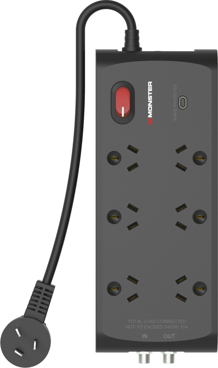 Monster 6 Socket Surge Powerboard with F-Type