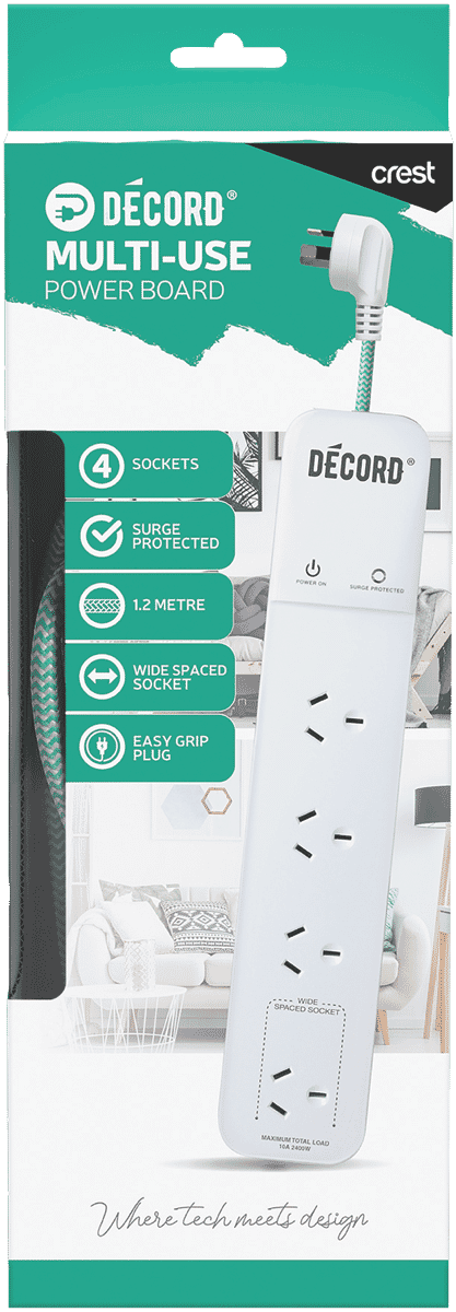 Crest Decord Power Board 4 Socket Surge Protected 1.2m