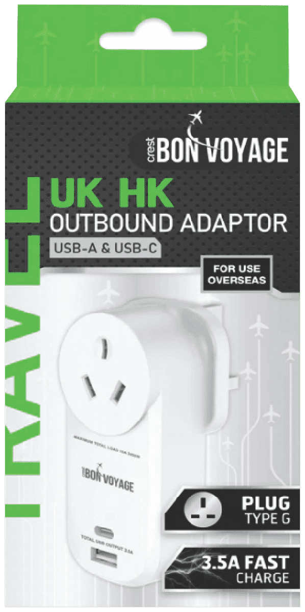 Bon Voyage Travel Adaptor AU to UK (2 USB Ports)